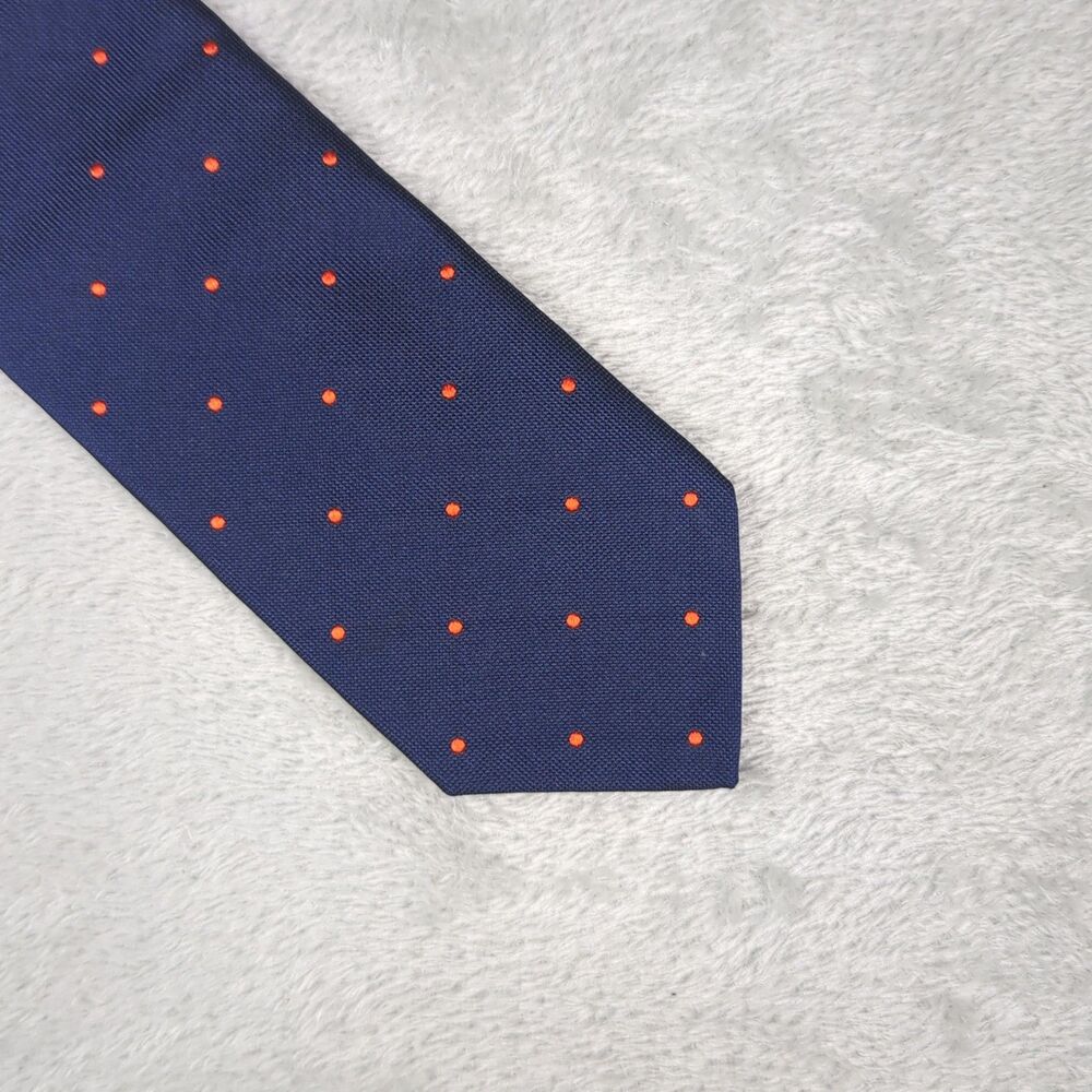 Thomas Pink Jermyn Street London Silk Tie Navy Blue Orange Polka Dot Silk